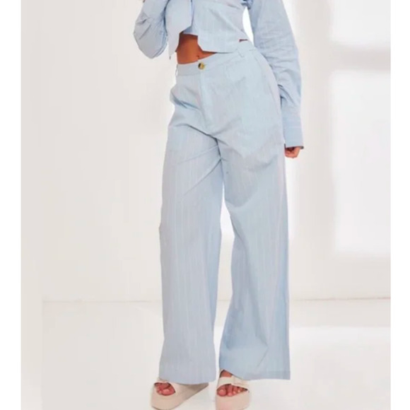 PrettyLittleThing Pants - PrettyLittleThing Blue Pinstripe Tailored Wide Leg Trousers NWT Size 8